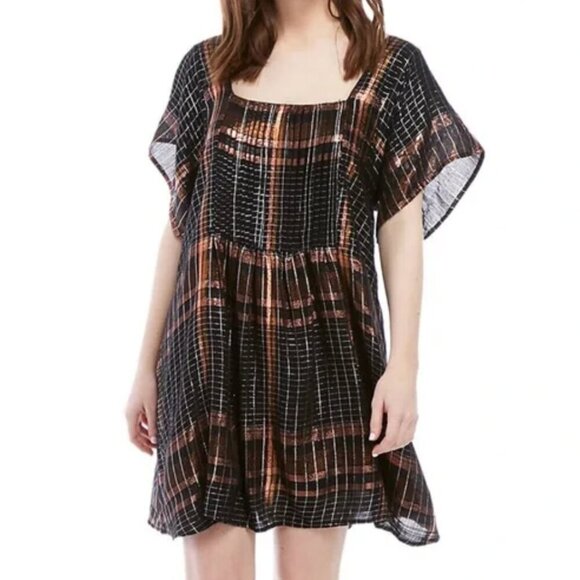 Free People Black Orange Plaid Mini Dress Oversized Baby Doll - Picture 1 of 10